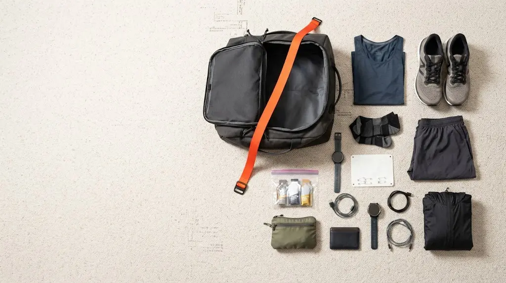 Race-critical running gear arranged around an under-seat travel bag